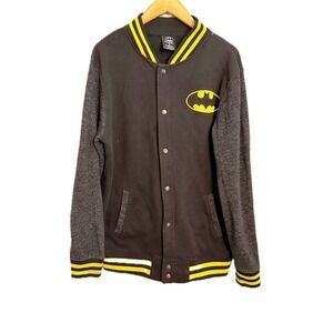 Mens Batman Baseball Jacket Black‎ Yellow Logo Varsity Snap Front Long Sleeve